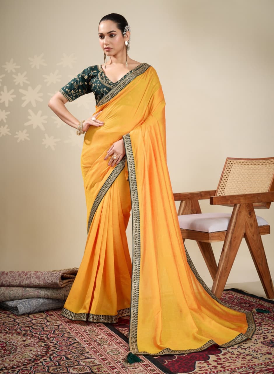 Yellow Vichitra Embroidered Border Saree