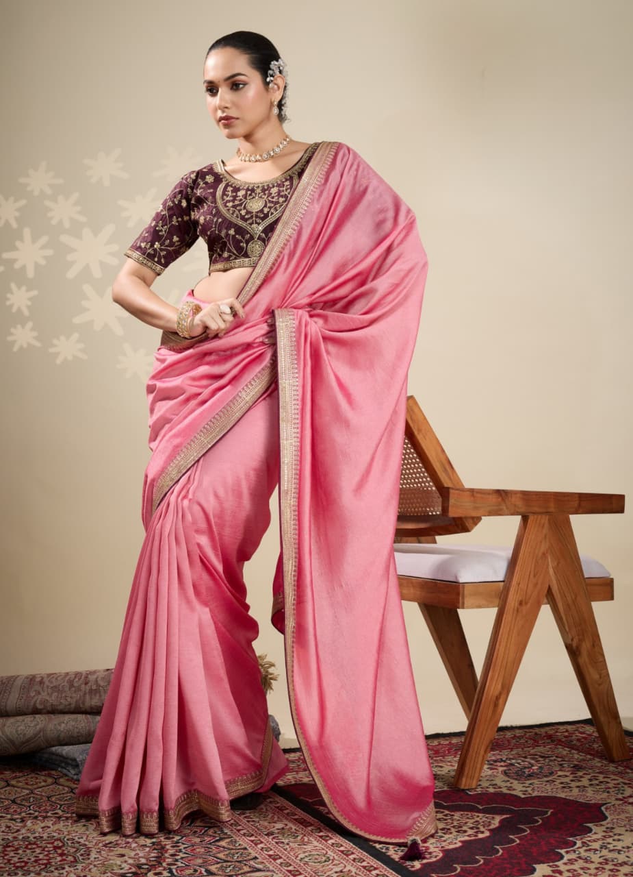 Pink Vichitra Embroidered Border Saree