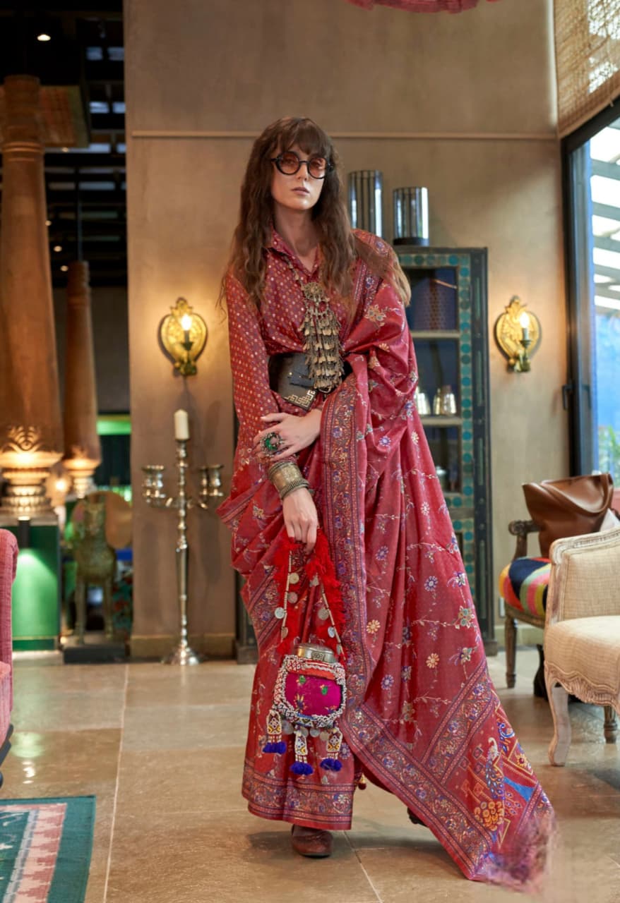 Pink Poly Viscose Silk Printed Saree