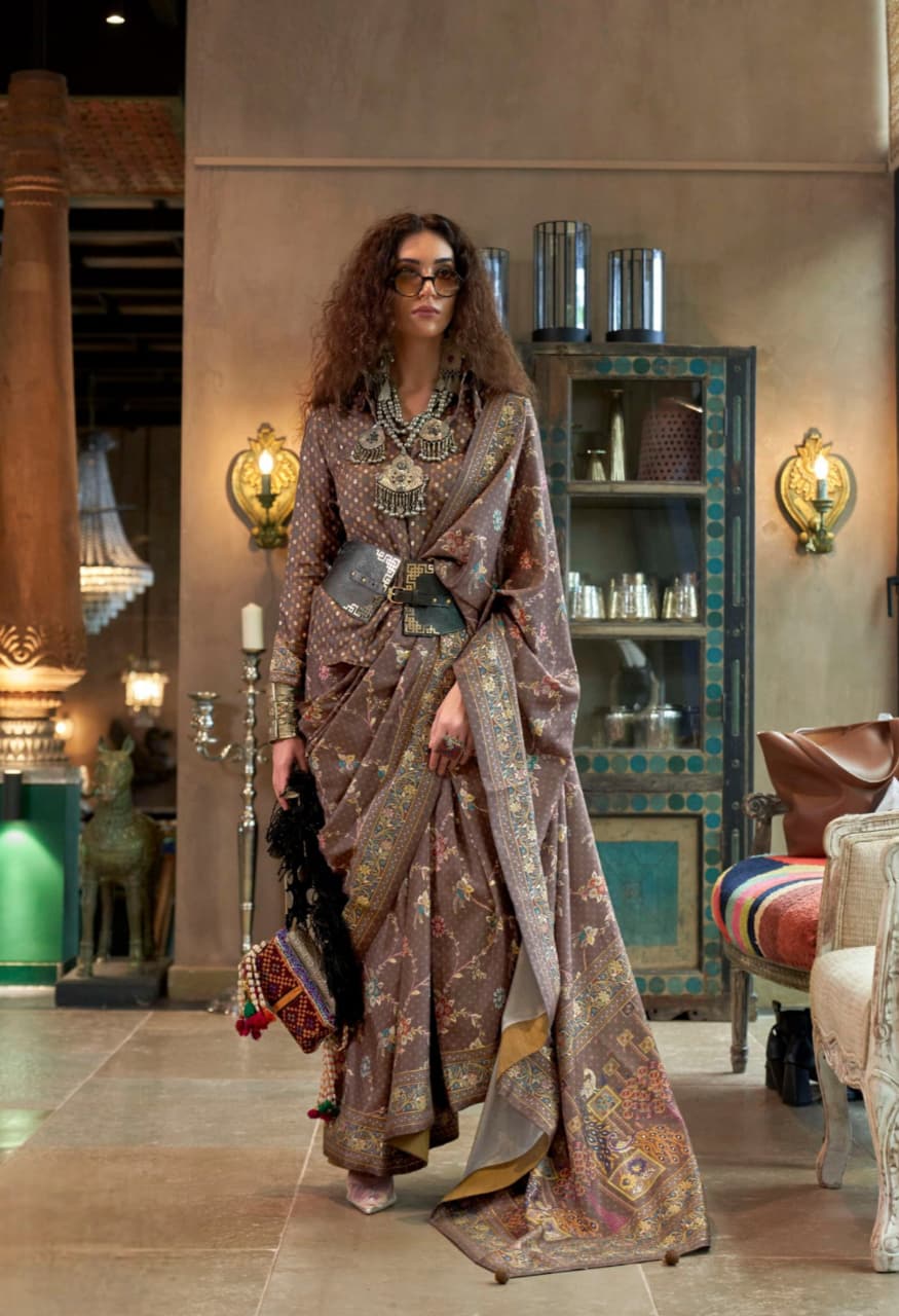 Beige Poly Viscose Silk Printed Saree