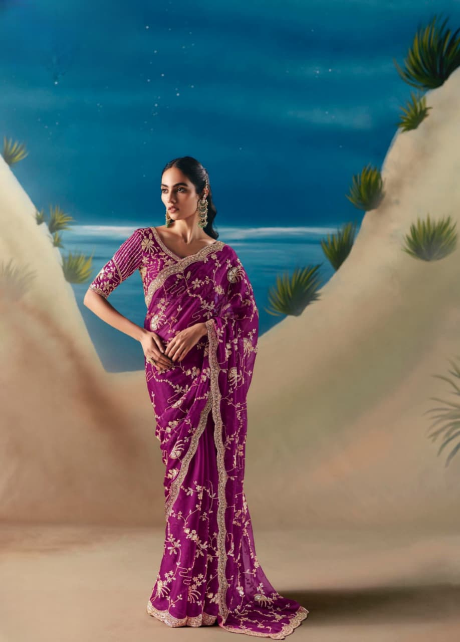 Purple Satin Organza Embroidered Saree