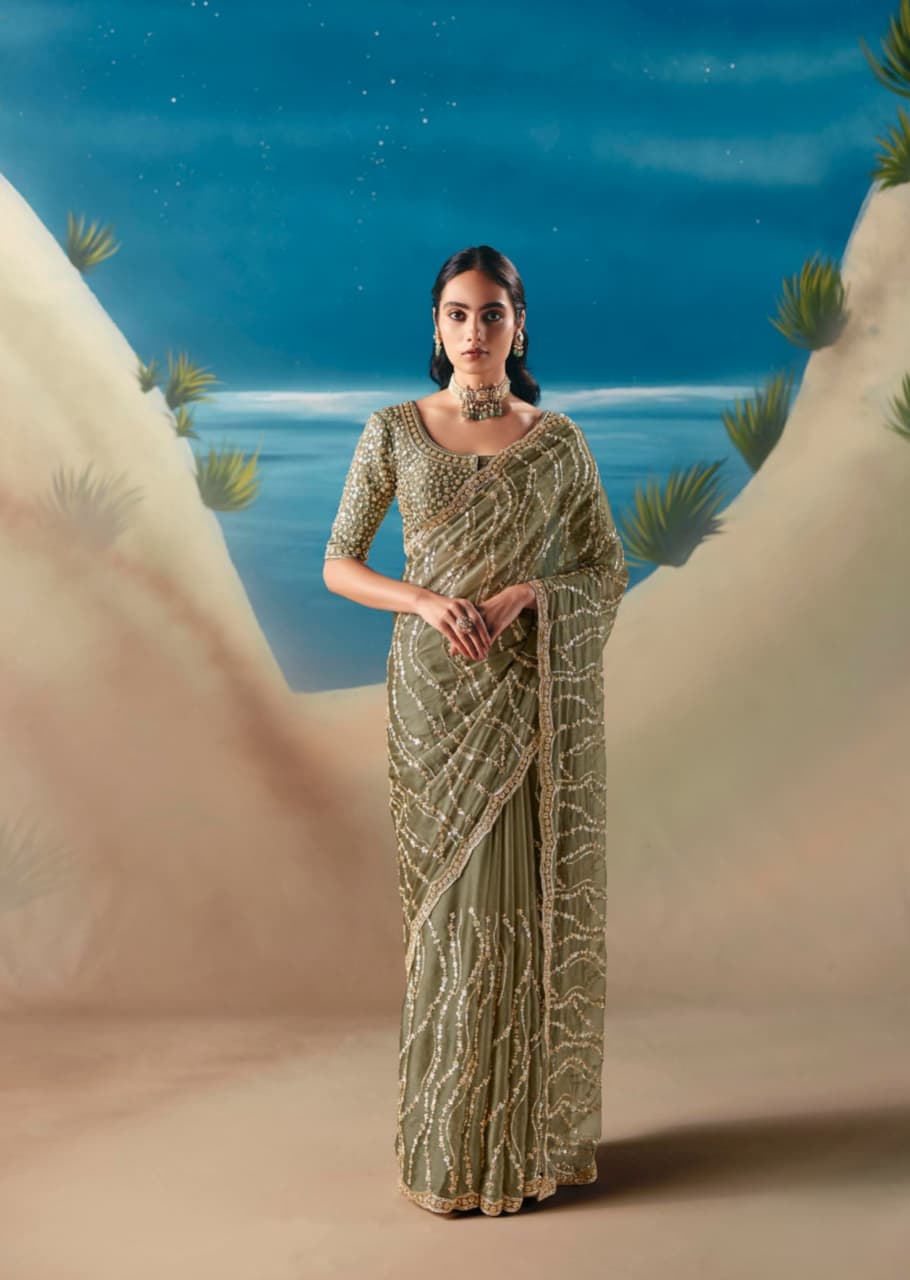 Olive Green Satin Organza Embroidered Saree