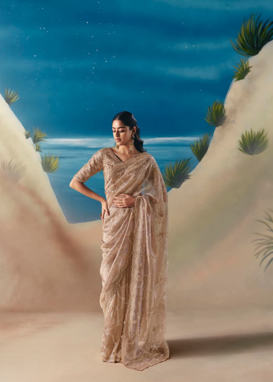 Beige Satin Organza Embroidered Saree