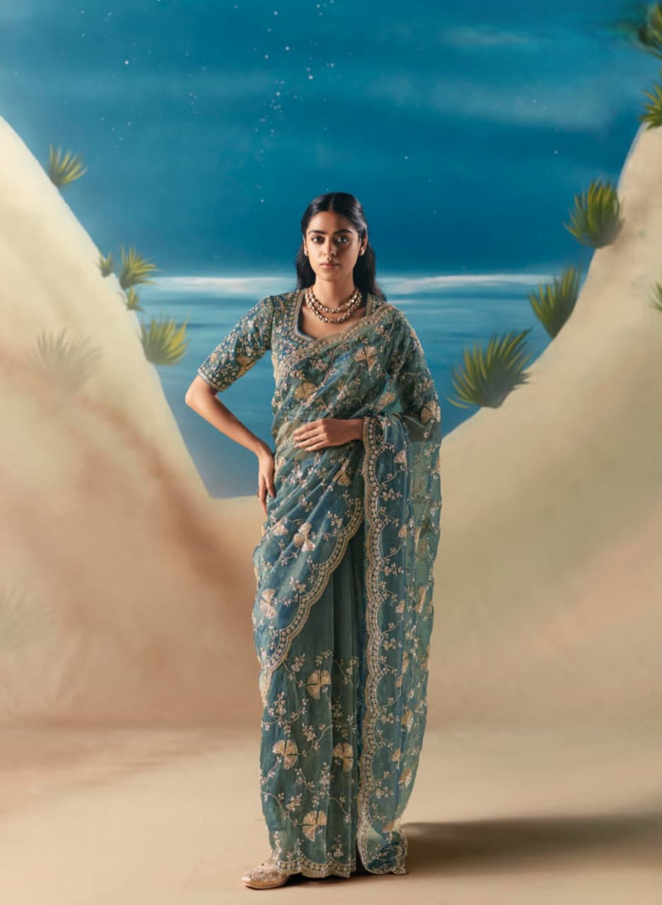 Teal Blue Satin Organza Embroidered Saree