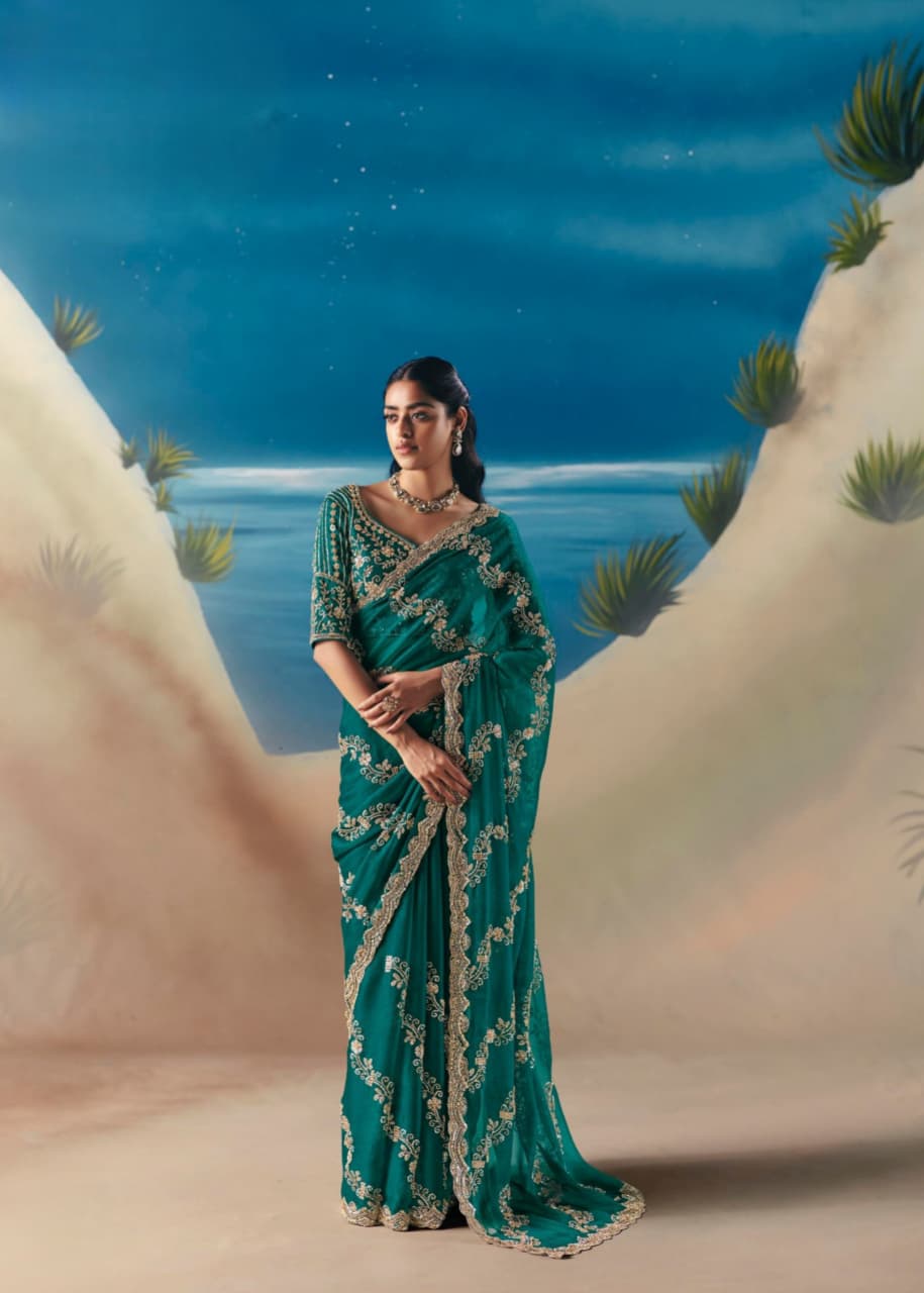 Emerald Green Satin Organza Embroidered Saree