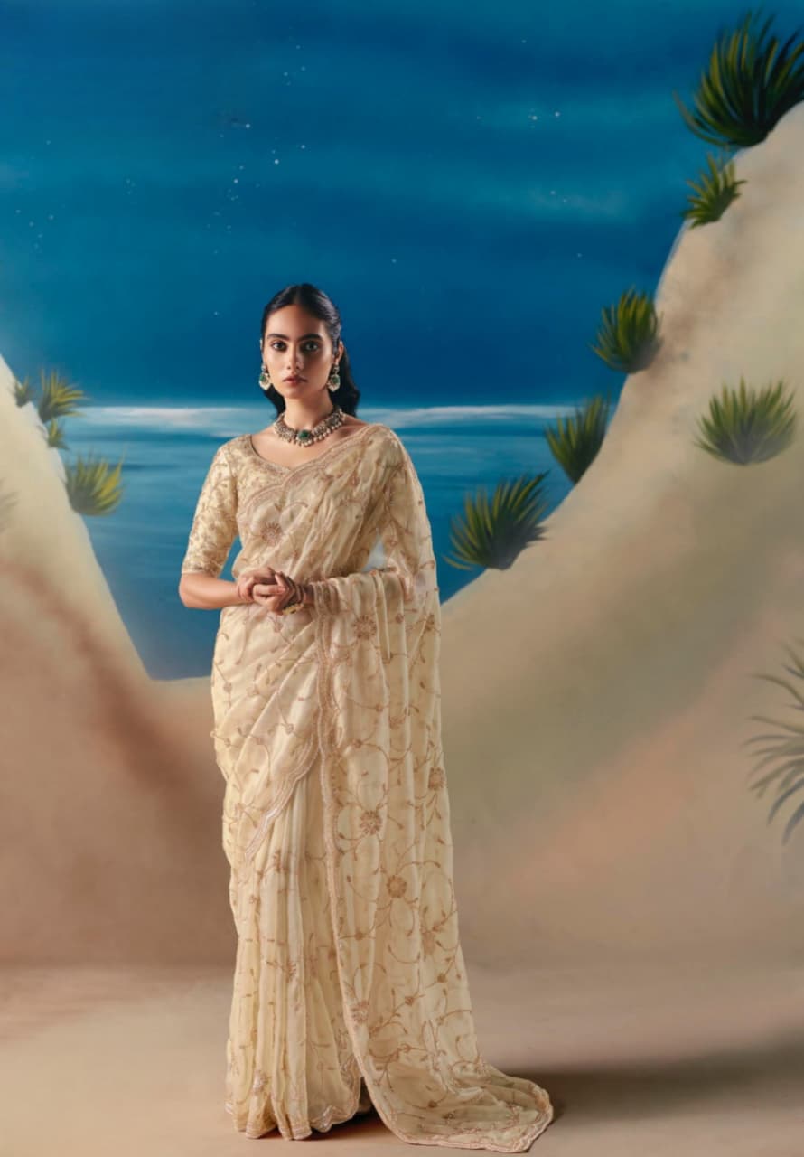 Cream Satin Organza Embroidered Saree