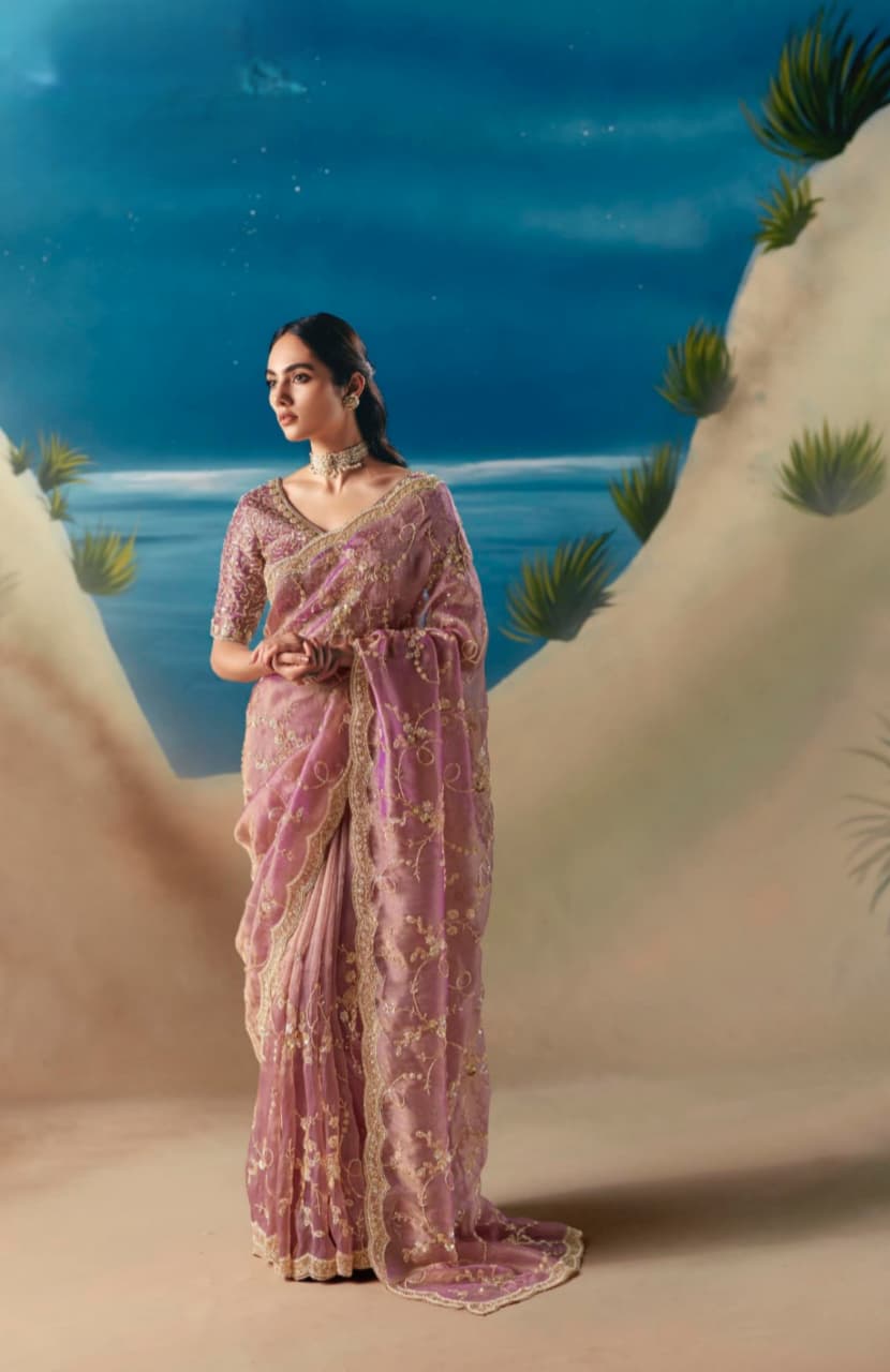 Rose Pink Satin Organza Embroidered Saree