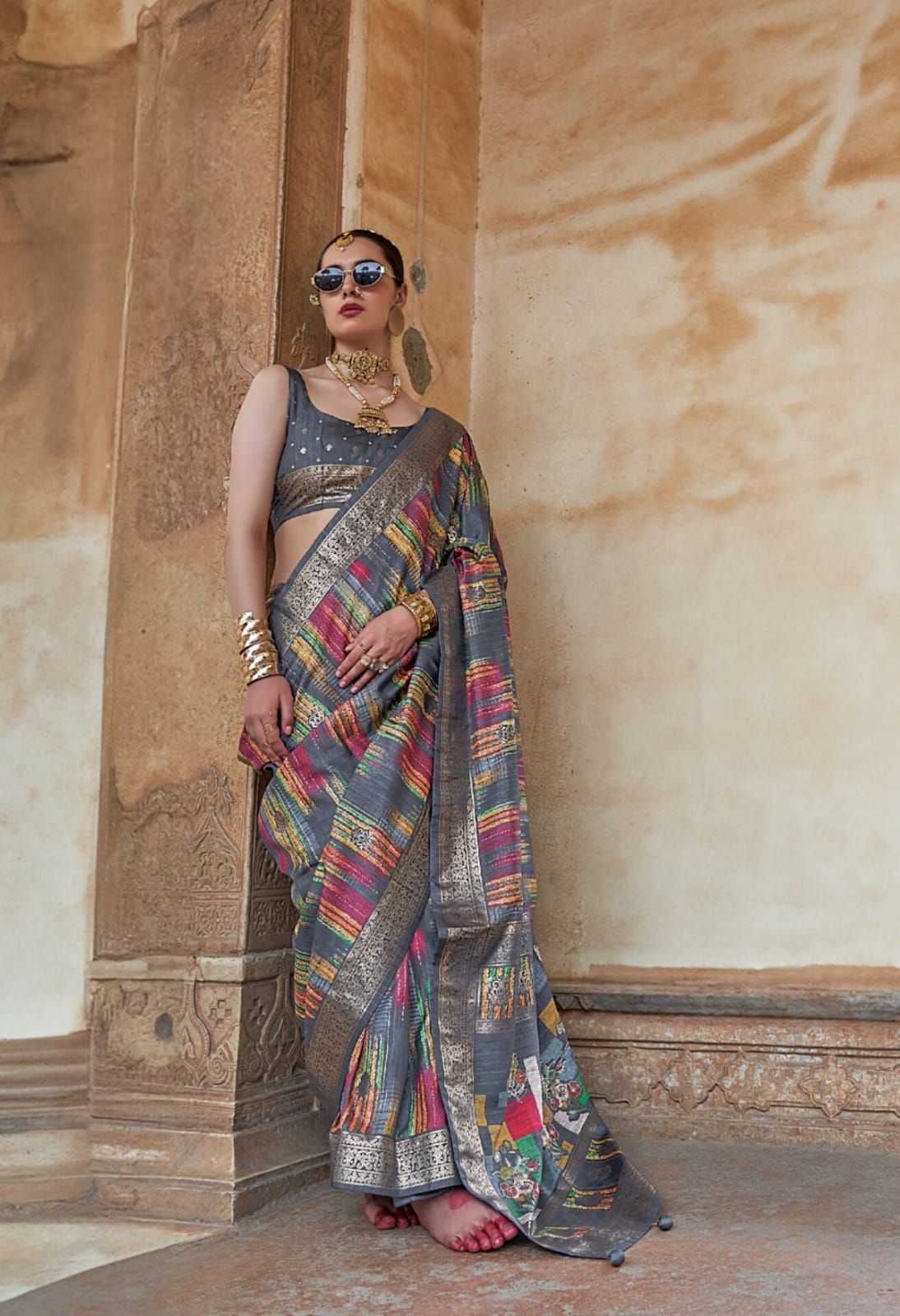 Grey Mercerizer Sigma Silk Patola Design Saree