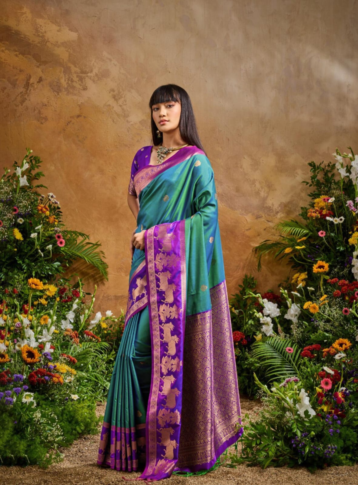 Teal Pure Silk Weaving Saree