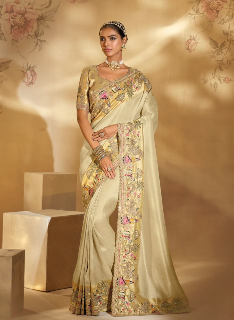 Cream Pure Ziraf Silk Handwork Saree