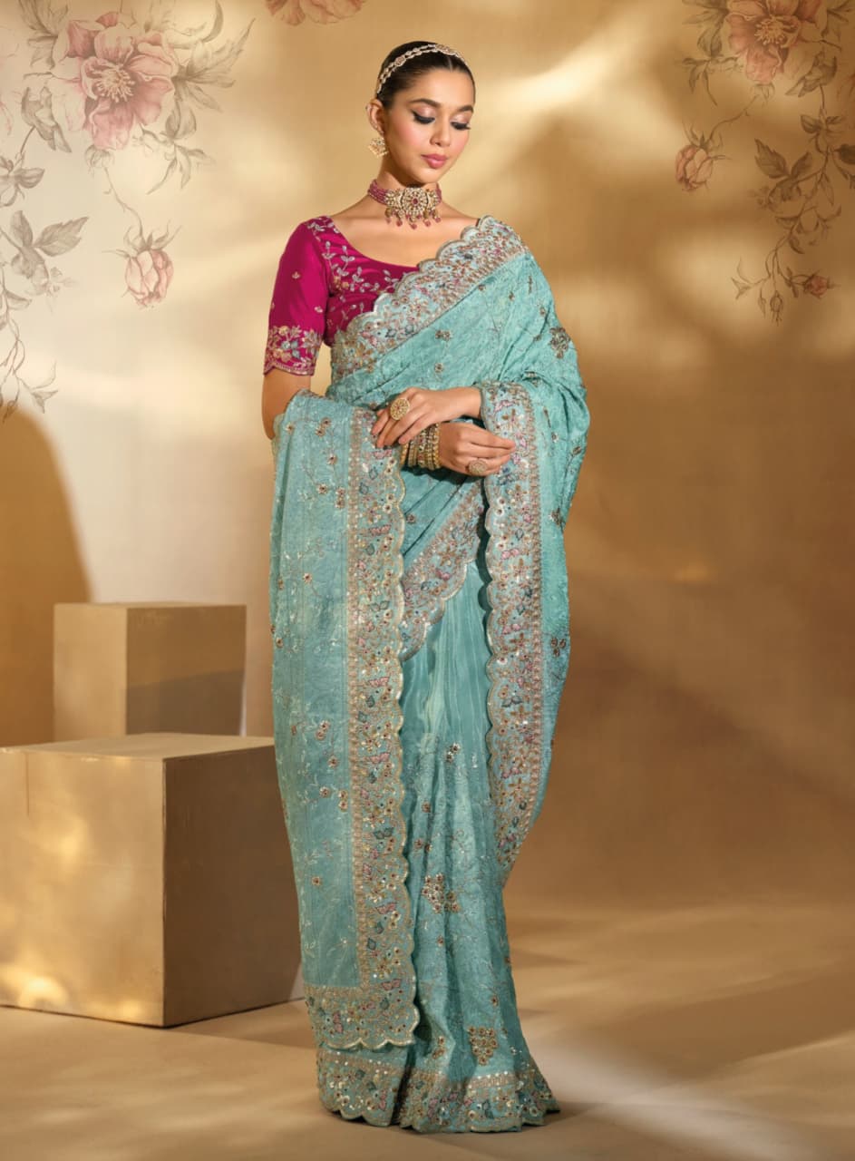 Sea Green Pure Banarasi Jari Handwork Saree
