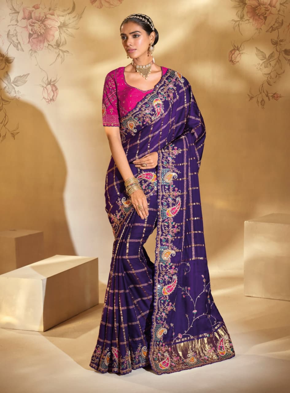 Purple Pure Gajji Silk Handwork Saree