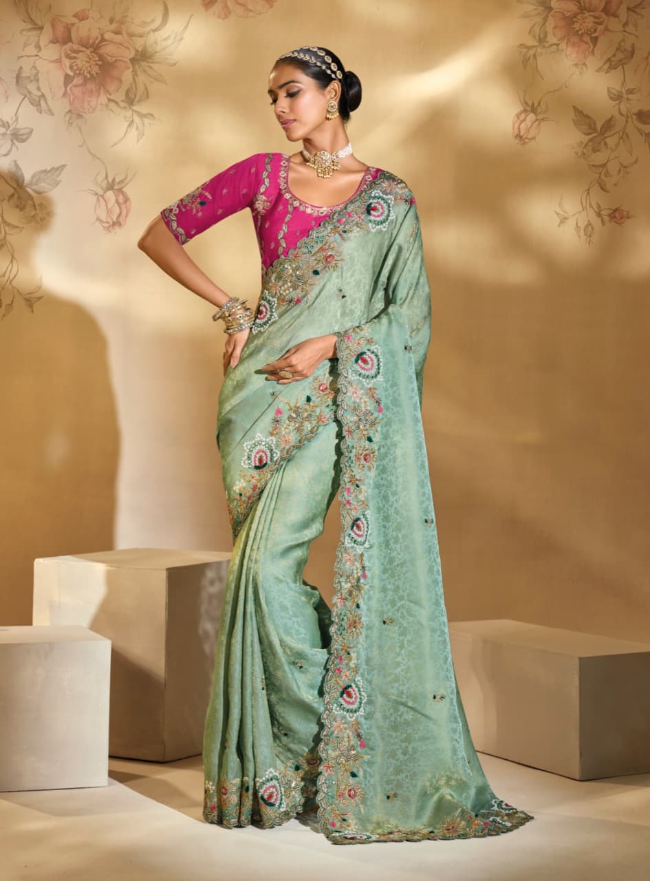Sea Green Kanjipuram Silk Handwork Saree
