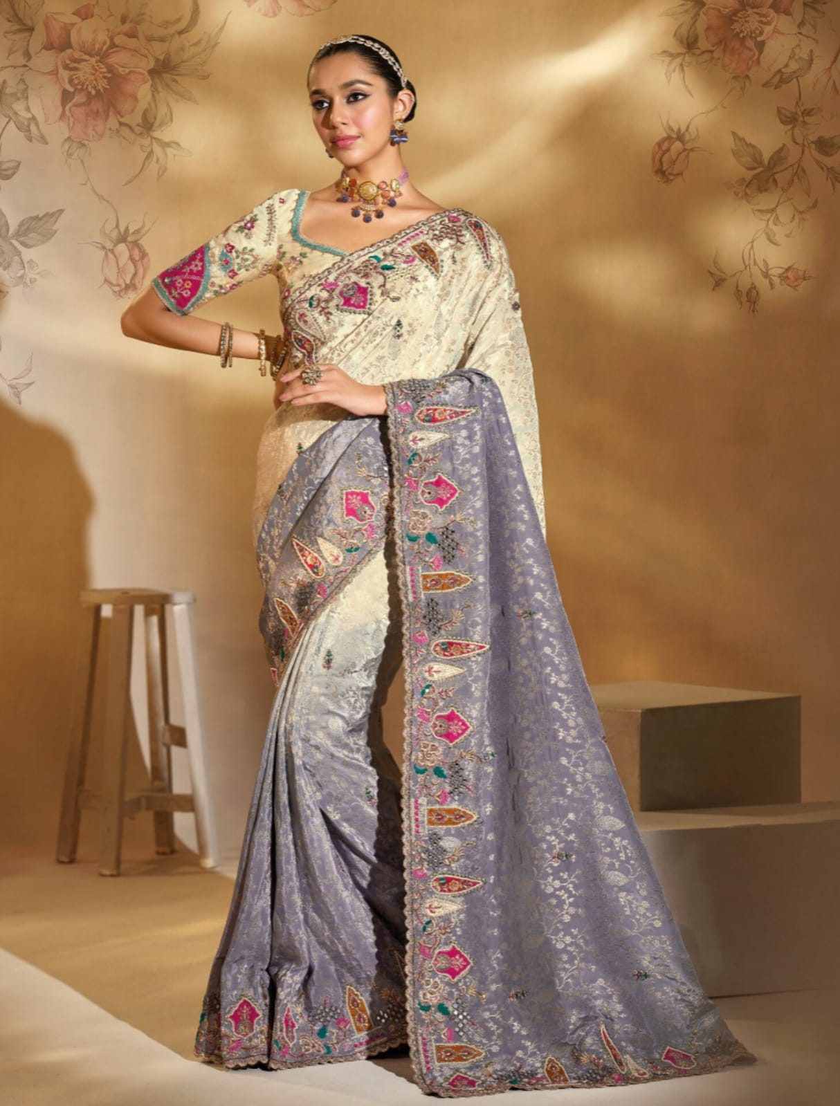 Cream Grey Pure Crape Handwork Saree