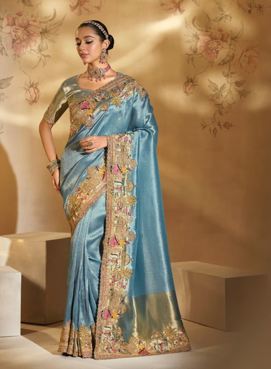 Sea Green Pure Ziraf Silk Handwork Saree