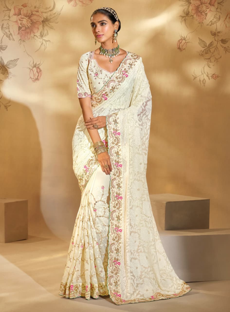 Cream Pure Georgette Handwork Saree