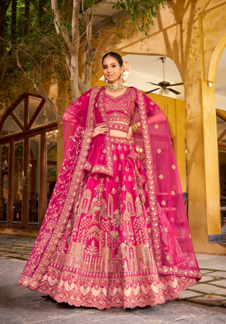 Pink Premium Silk Mirror Handwork Bridal Lehenga