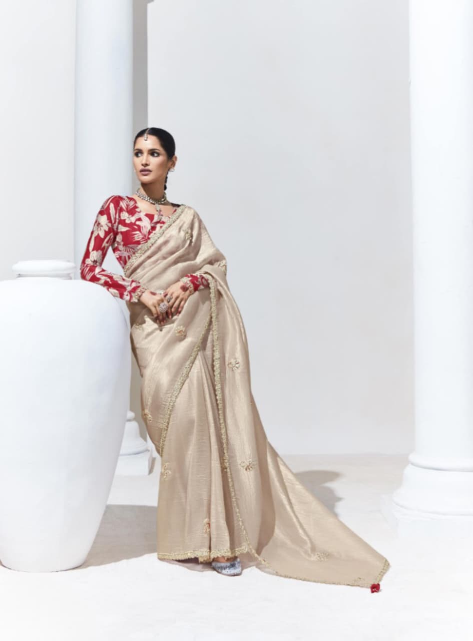 Beige Fancy Fabric Embroidered Saree