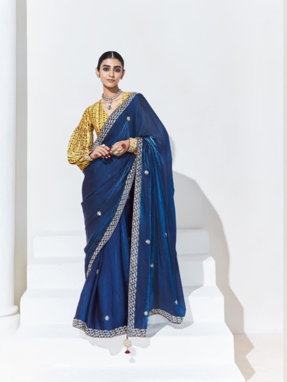 Blue Glass Tissue Embroidered Saree