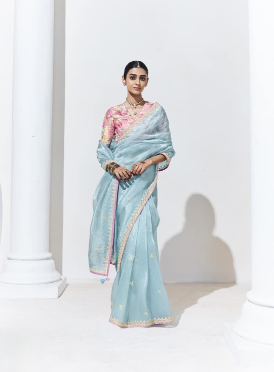 Sky Blue Fancy Fabric Embroidered Saree