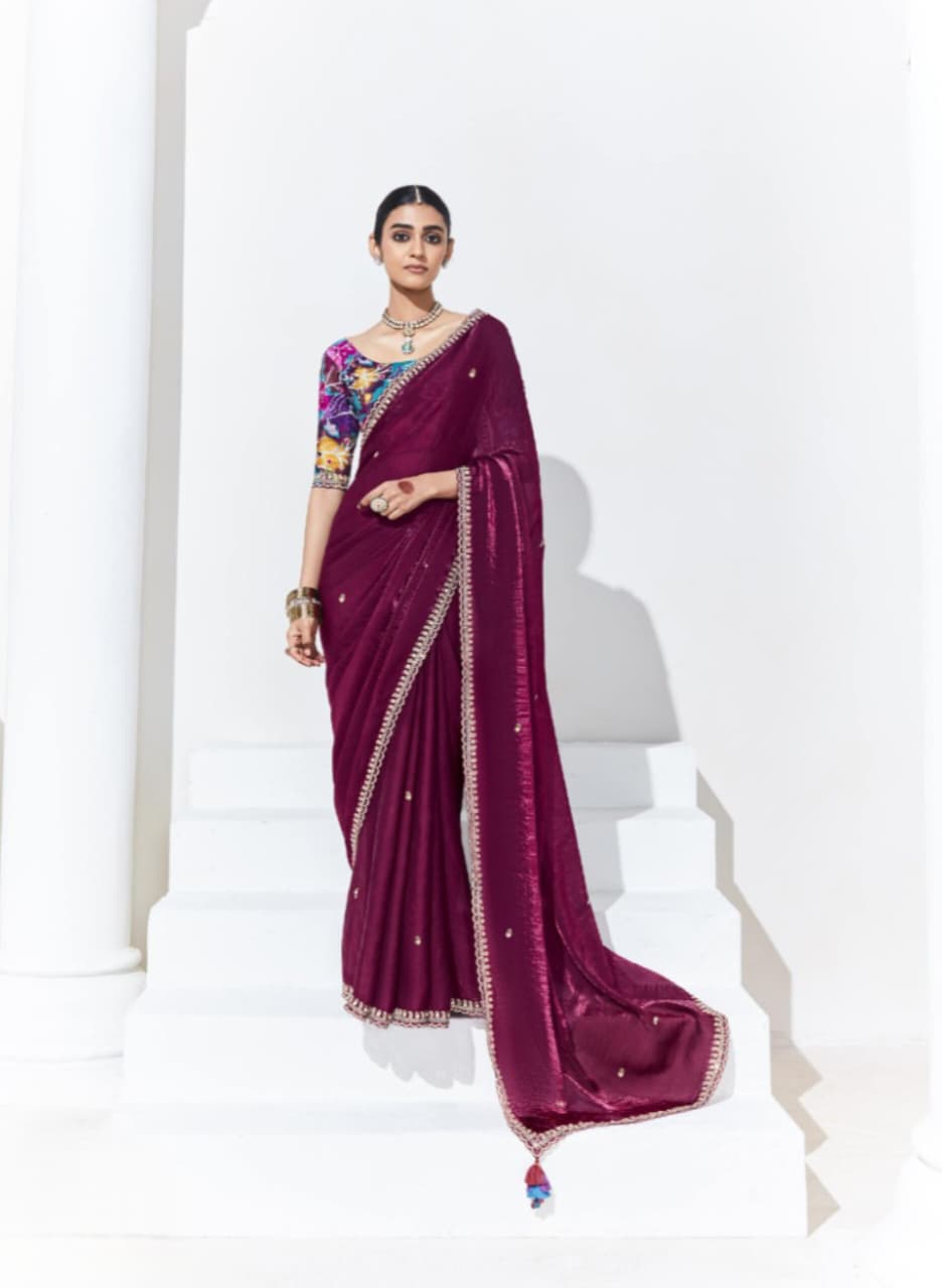 Wine Organza Embroidered Saree