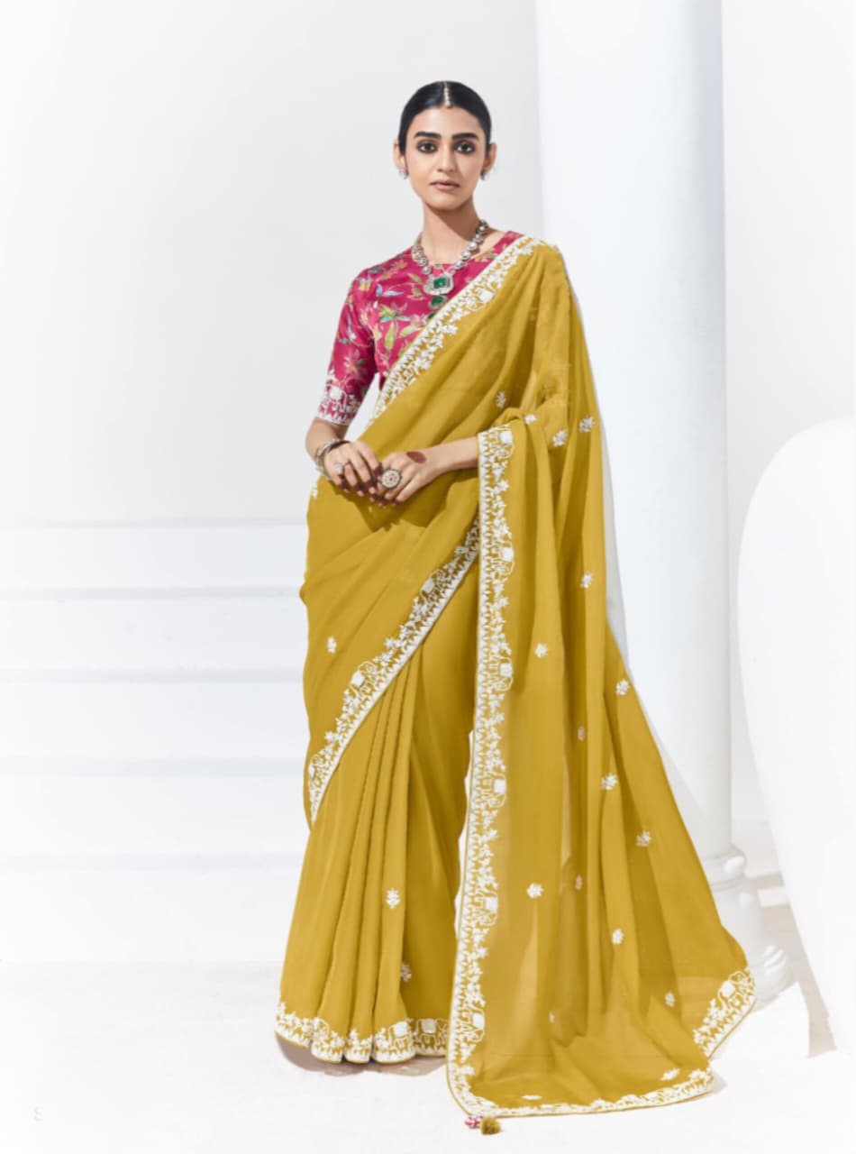 Mustard Yellow Glass Tissue Embroidered Saree
