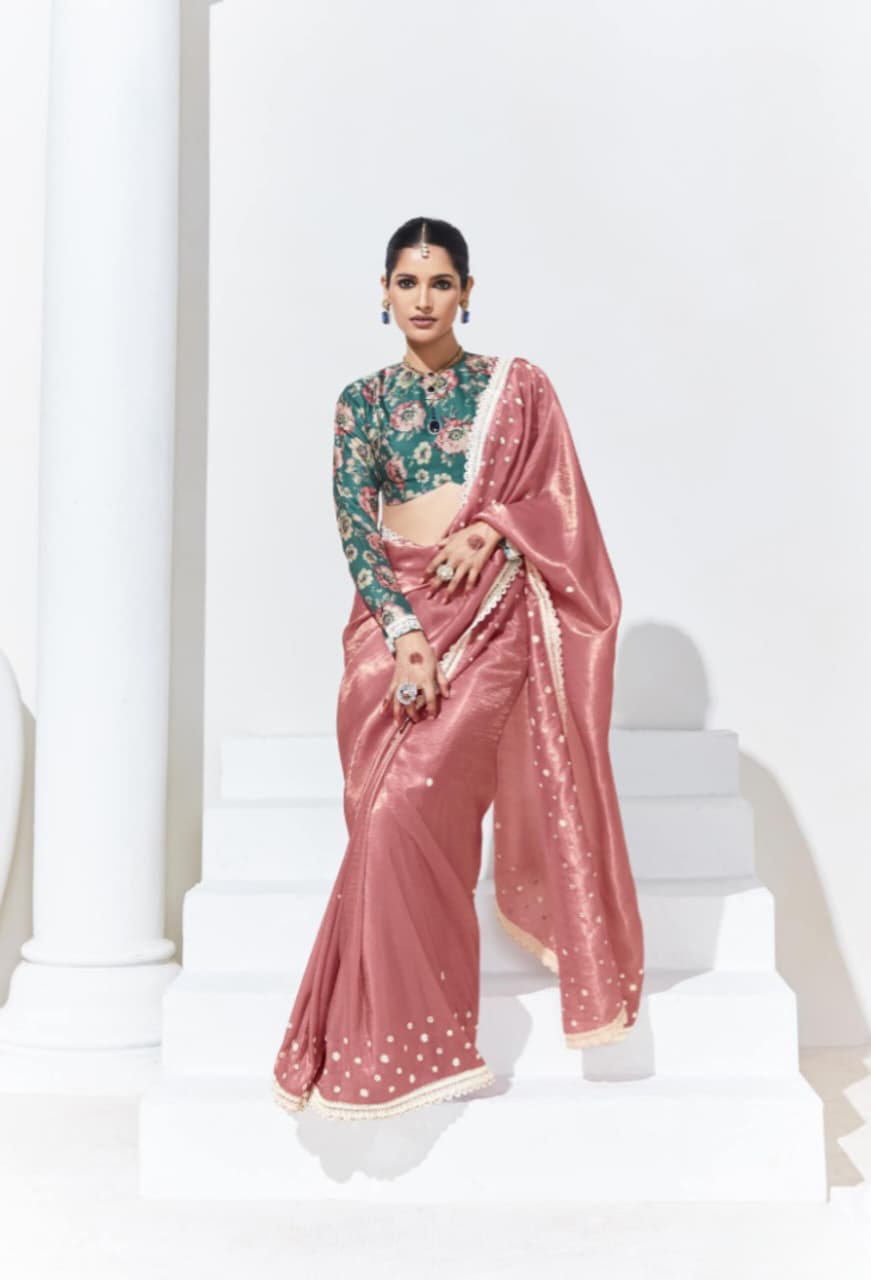 Rose Pink Organza Embroidered Saree