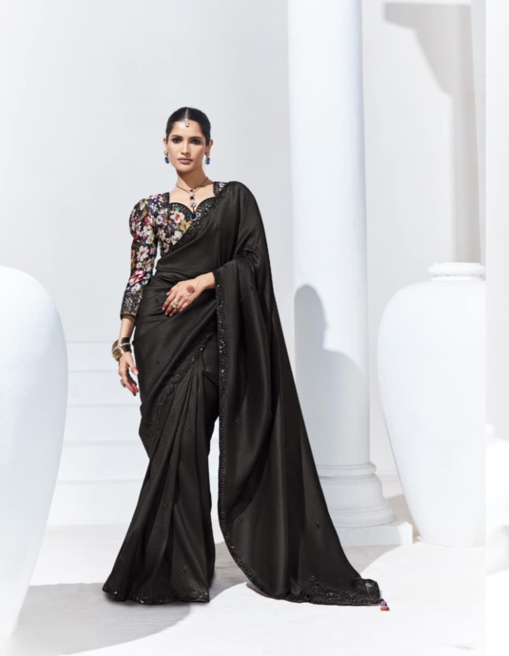 Black Fancy Fabric Embroidered Saree