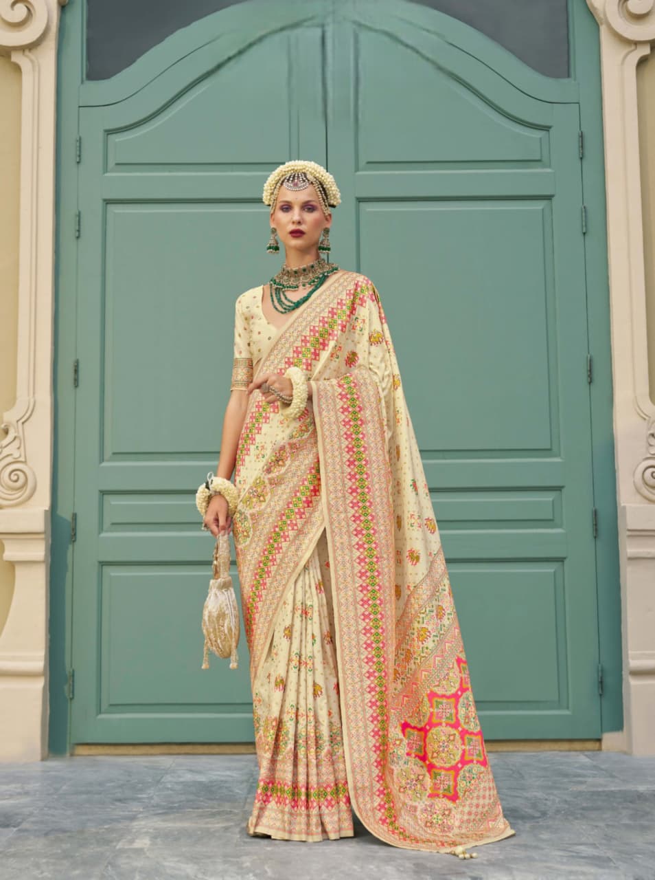 Cream Super Banarasi P.V.Silk Kashmiri Weaving Saree
