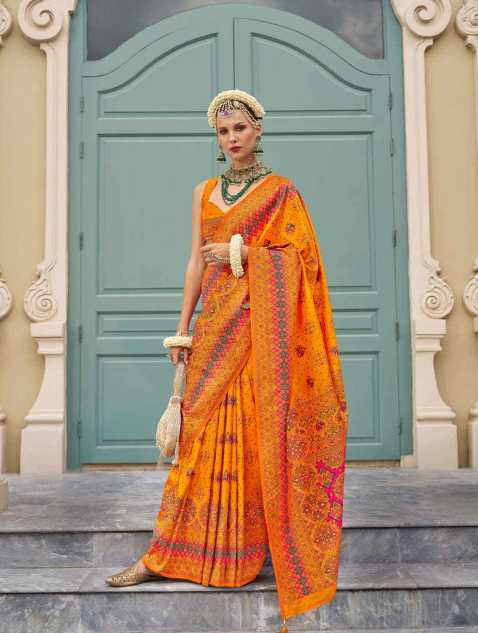 Bright Orange Super Banarasi P.V.Silk Kashmiri Weaving Saree
