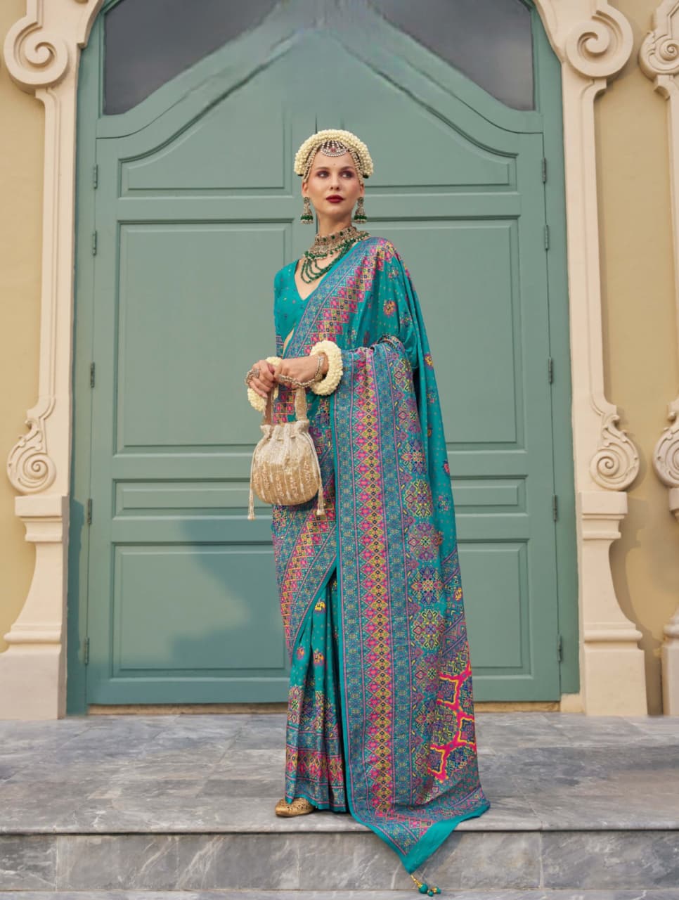 Turquoise Super Banarasi P.V.Silk Kashmiri Weaving Saree