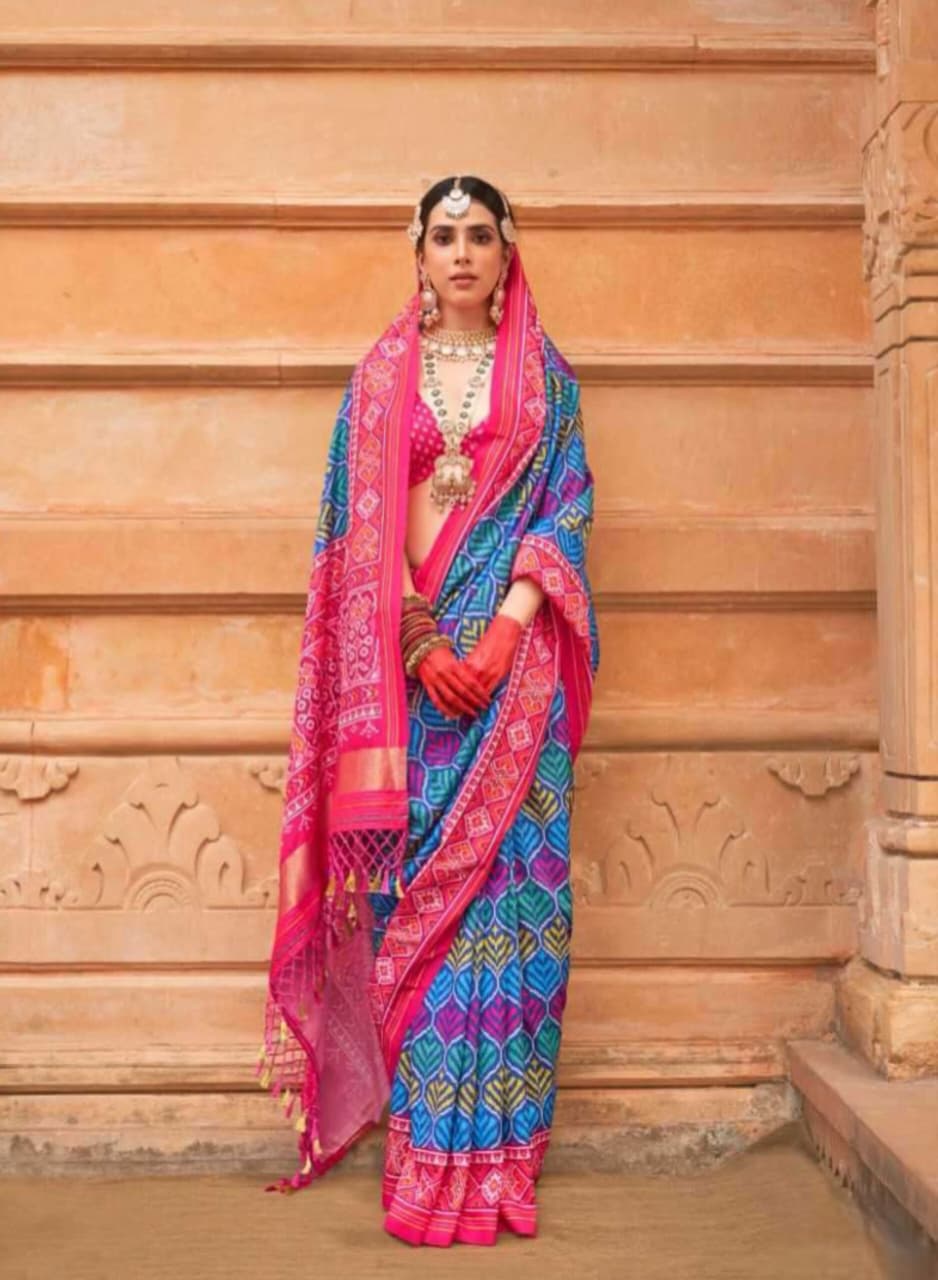 Pink Blue Soft P.V.Silk Patola Print Weaving Saree