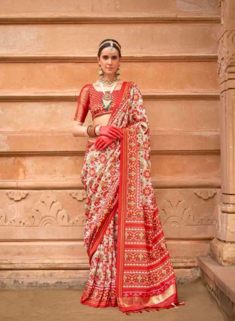 Red Yellow Soft P.V.Silk Patola Print Weaving Saree