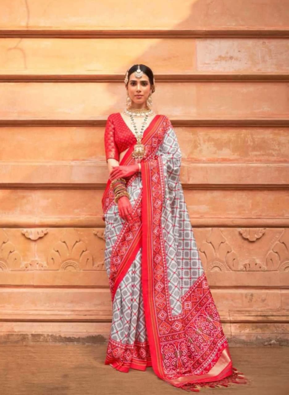 Red Grey Soft P.V.Silk Patola Print Weaving Saree