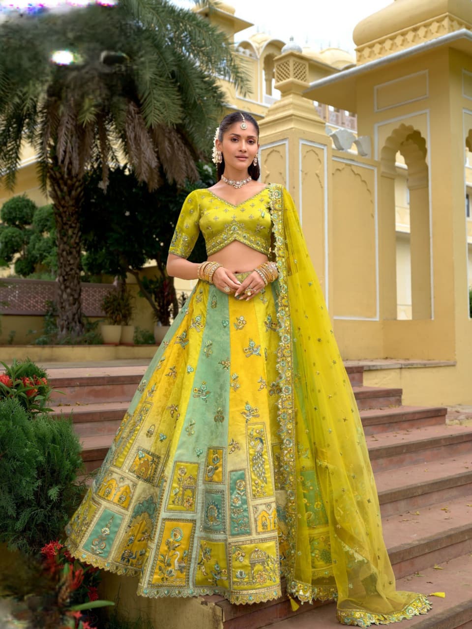 Yellow Green Fancy Silk Cutwork Designer Lehenga