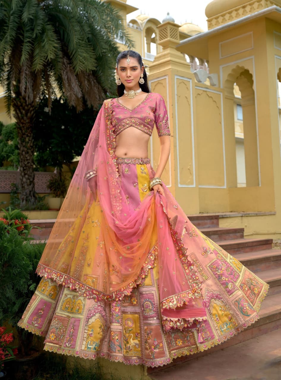 Peach Pink Fancy Silk Cutwork Designer Lehenga
