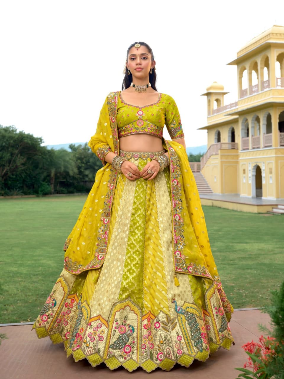 Lime Yellow Fancy Silk Cutwork Designer Lehenga