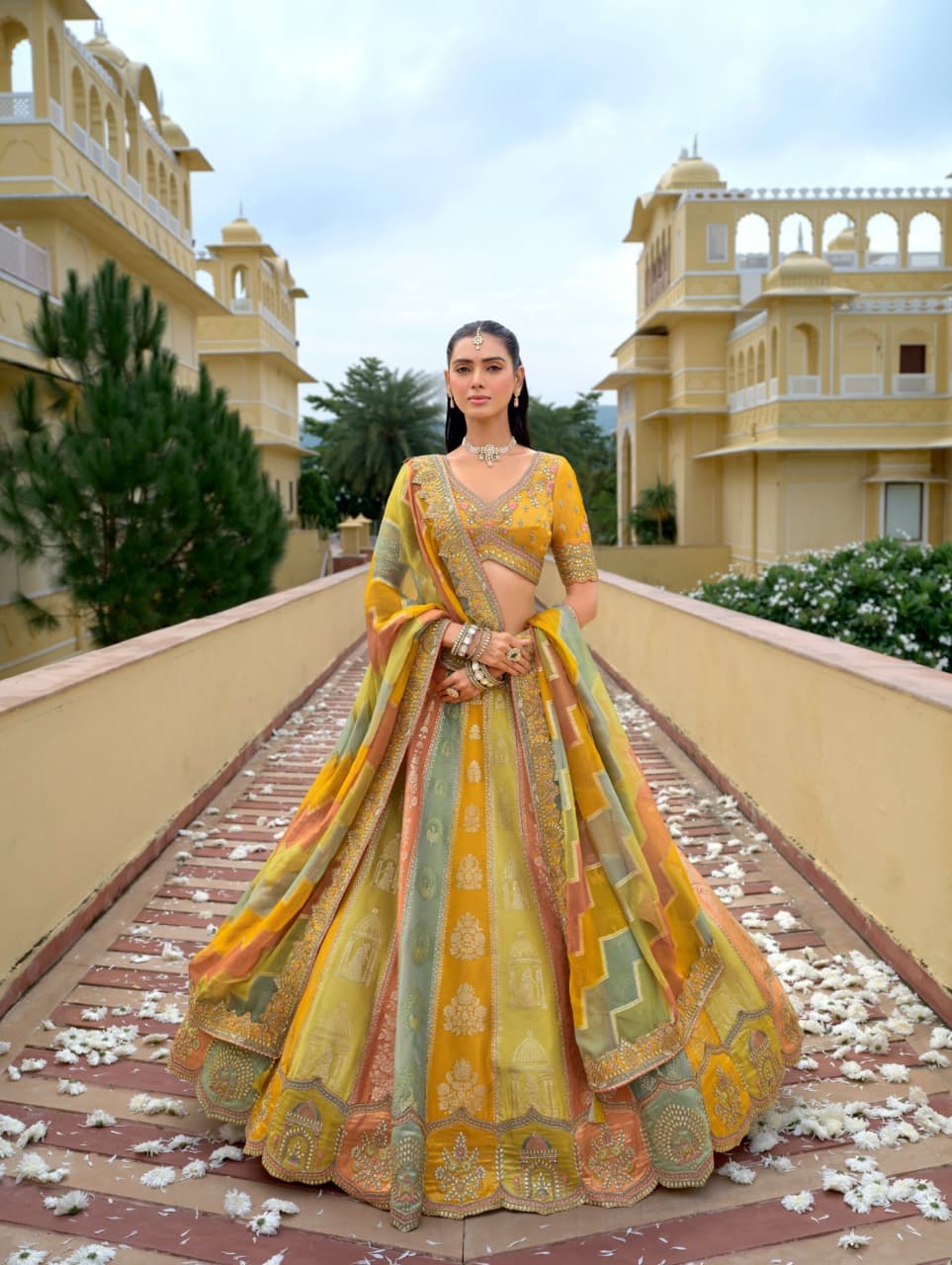 Mustard Olive Fancy Silk Cutwork Designer Lehenga