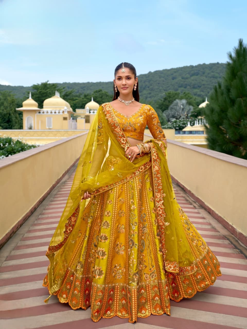 Mustard Yellow Fancy Silk Cutwork Designer Lehenga