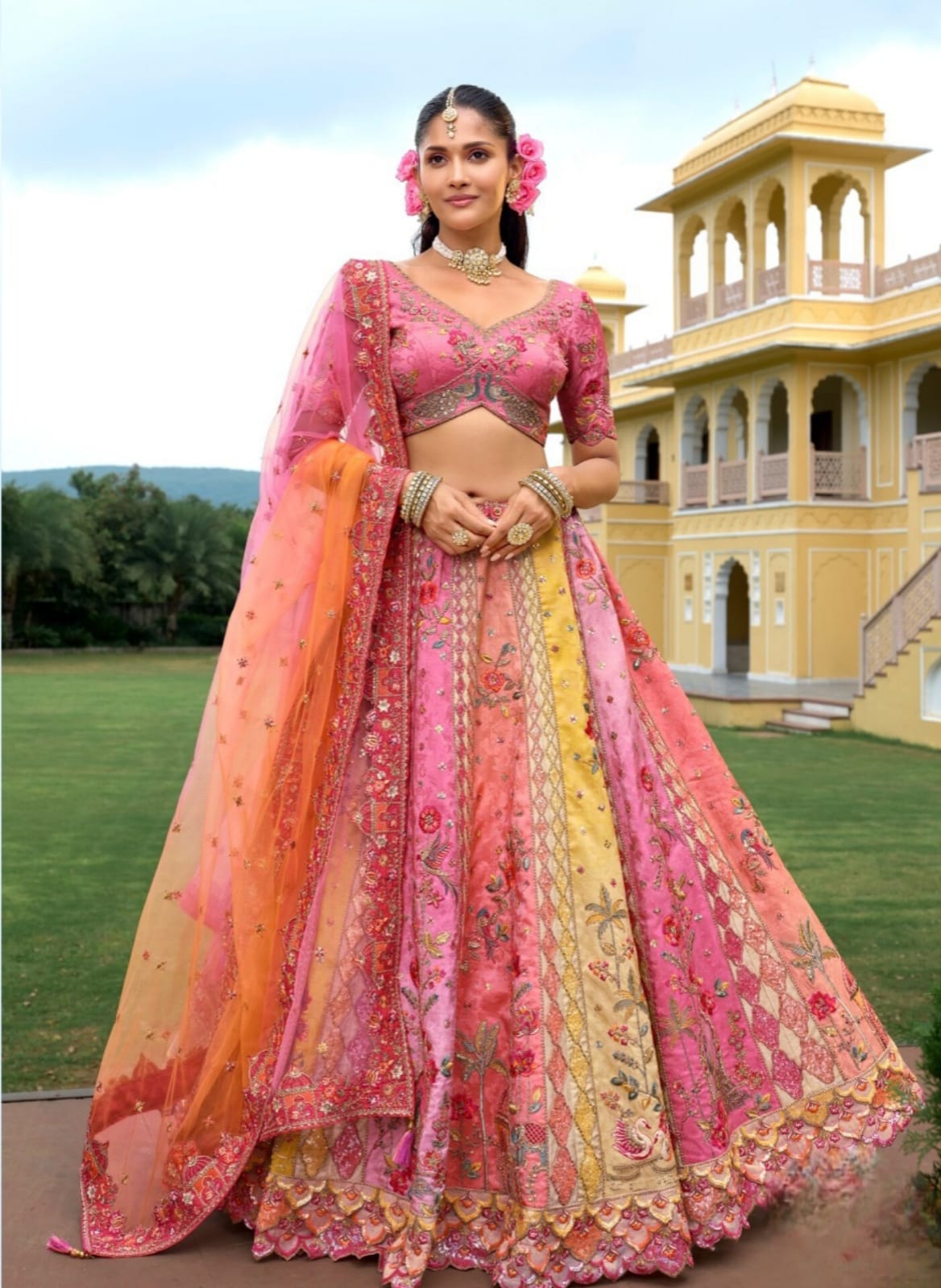 Pink Orange Multicolor Fancy Silk Cutwork Designer Lehenga