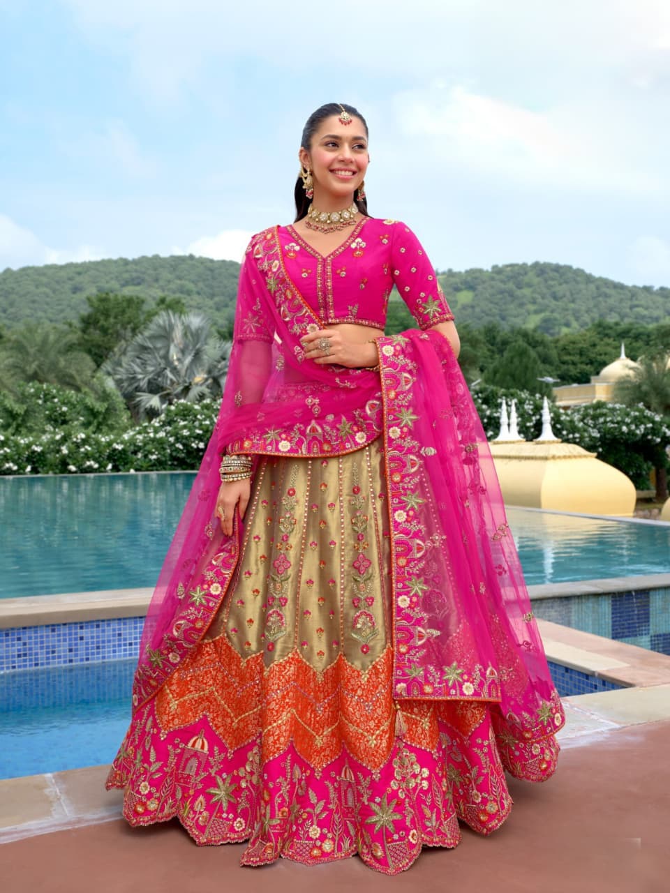 Rani Pink Beige Orange Fancy Silk Cutwork Designer Lehenga