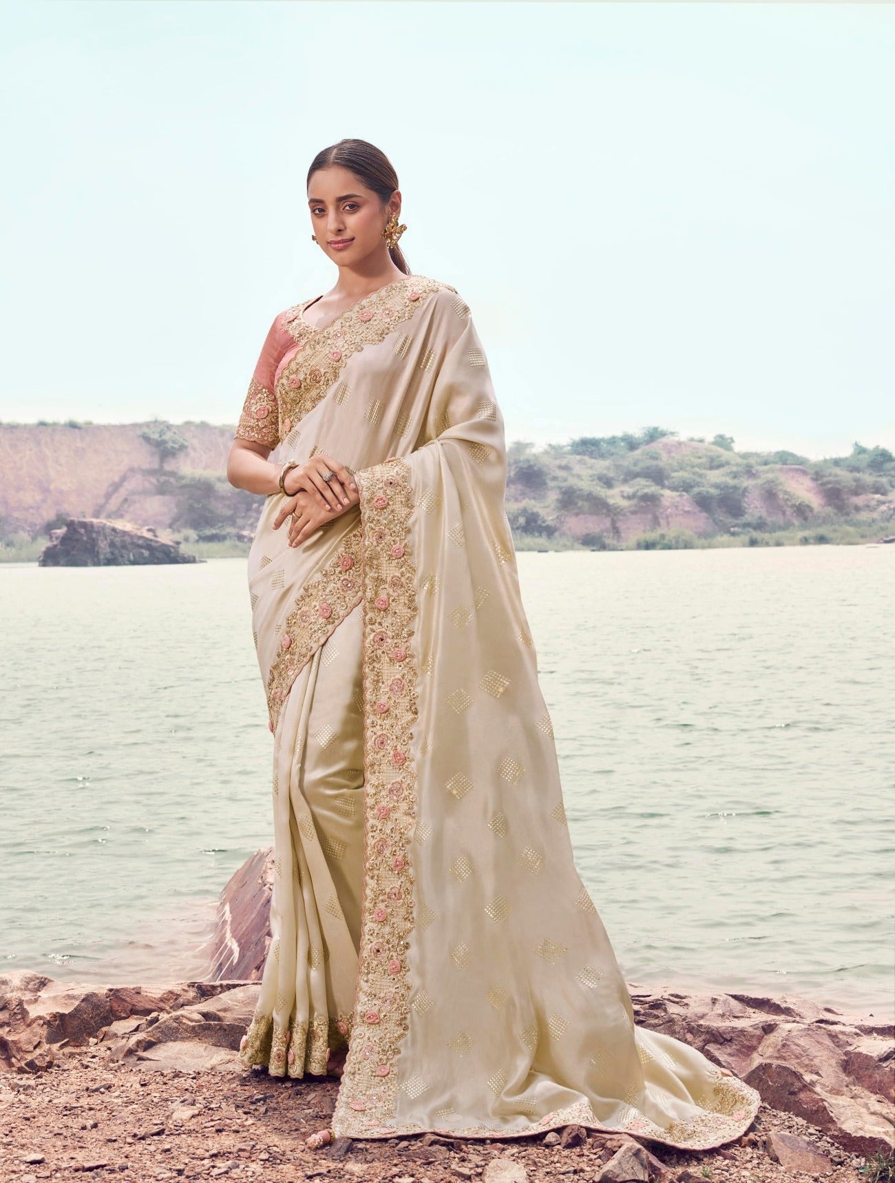 Chiku Satin Silk Zari Weaving Saree