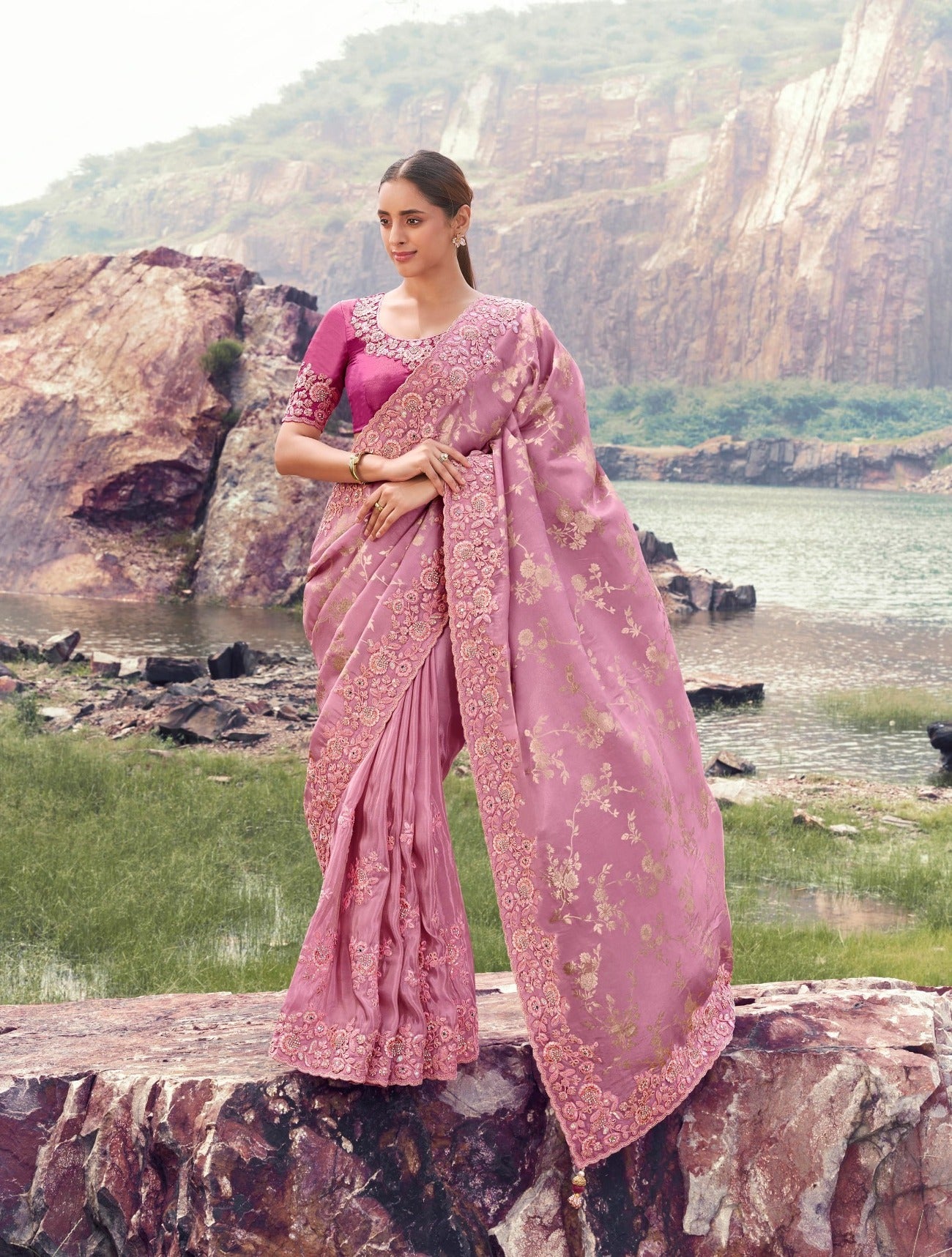 Onion Pink Tissue Silk Jacquard Saree