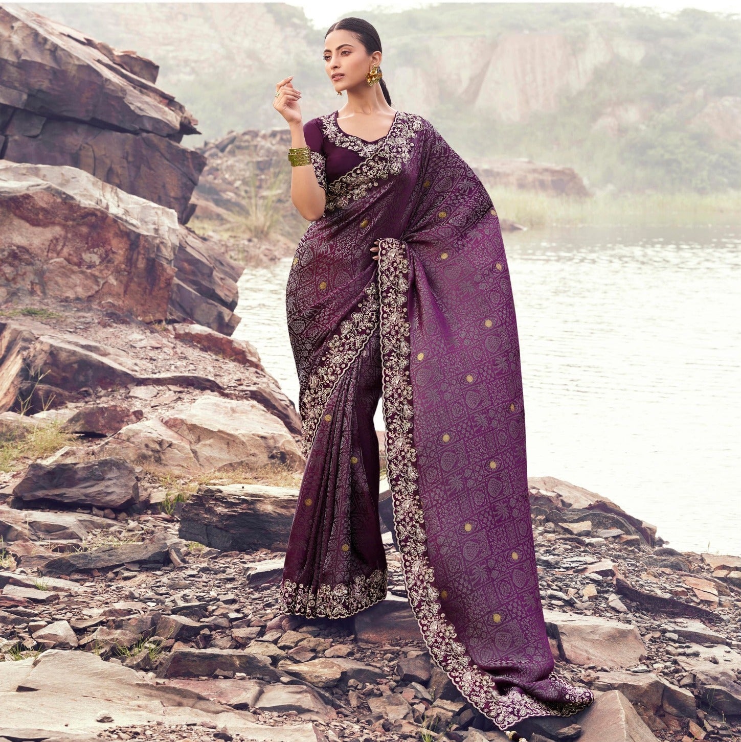 Wine Pure Satin Silk Jacquard Saree