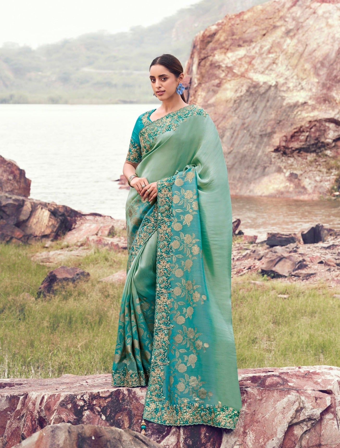 Sky Blue Shaded Banarasi Tissue Silk Saree