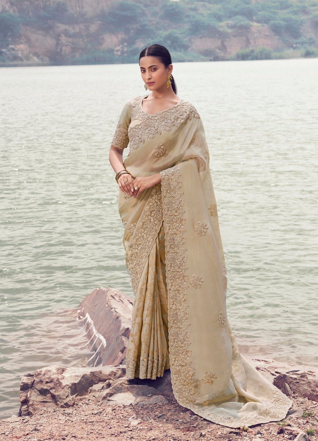 Beige Tissue Silk Jacquard Saree