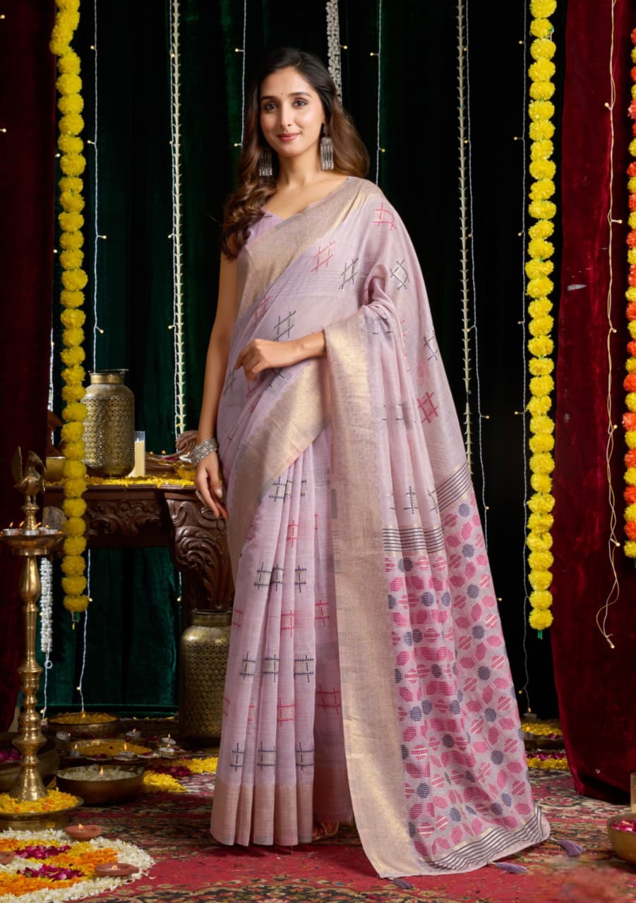 Light Purple Soft Spun Cotton Jari Border Zhallar Saree