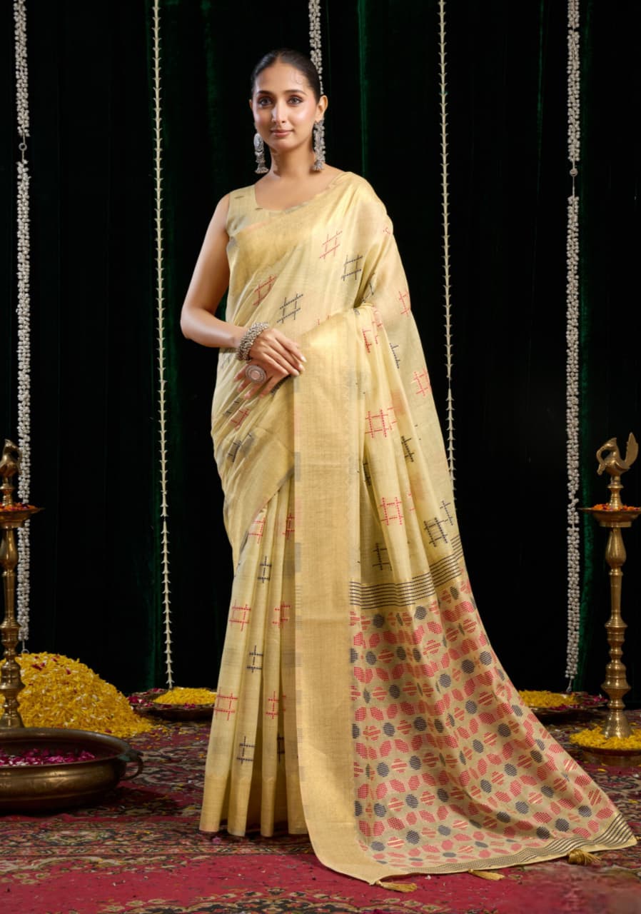 Lemon Yellow Soft Spun Cotton Jari Border Zhallar Saree