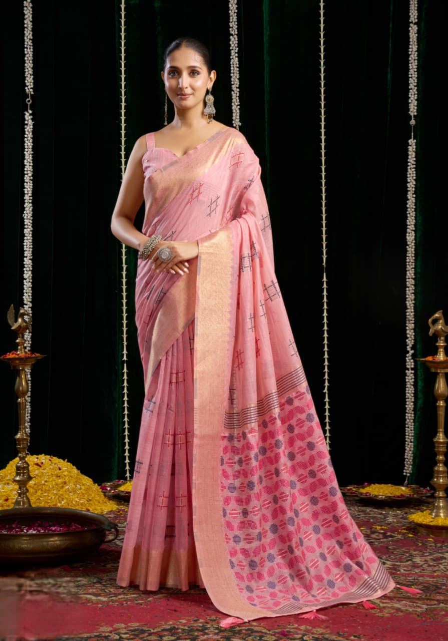 Baby Pink Soft Spun Cotton Jari Border Zhallar Saree