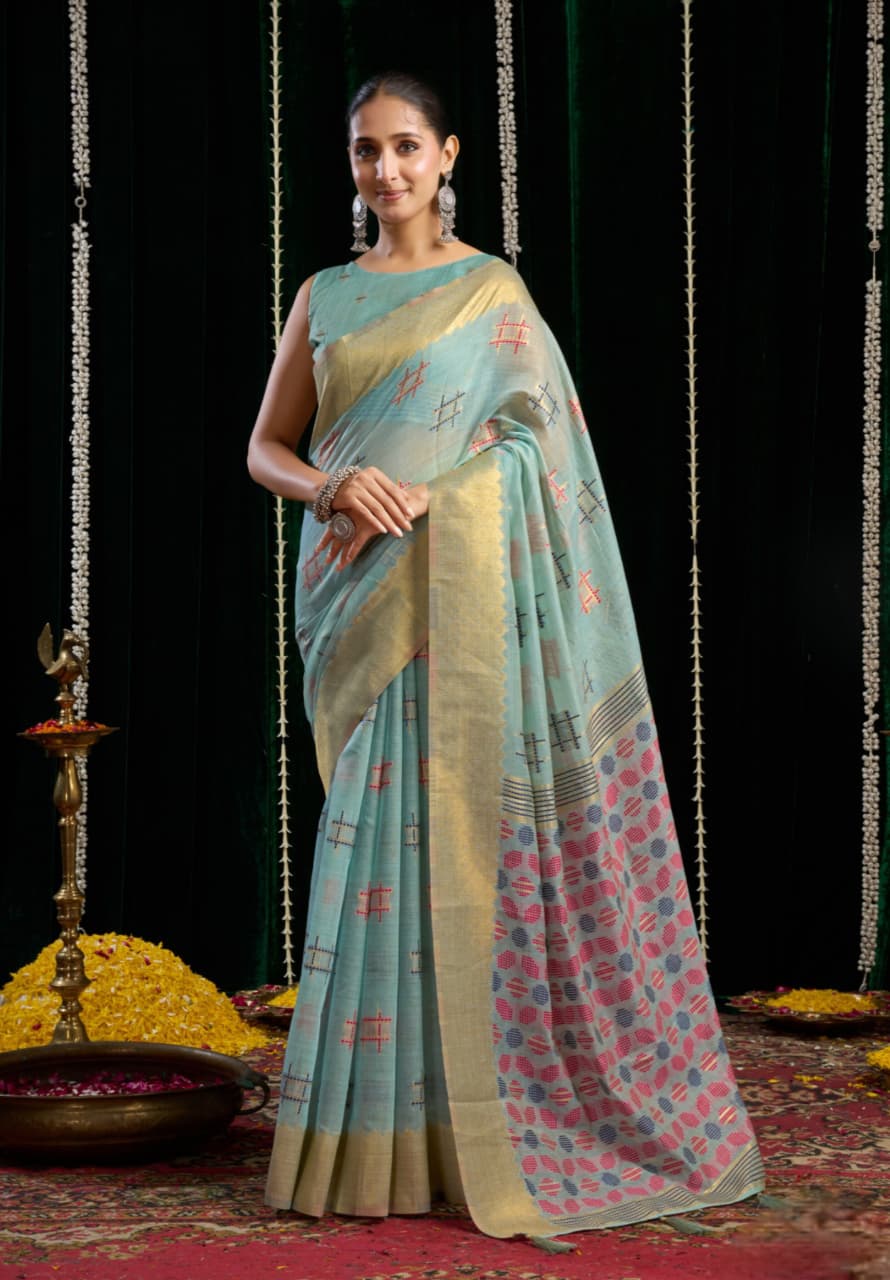 Sky Blue Soft Spun Cotton Jari Border Zhallar Saree